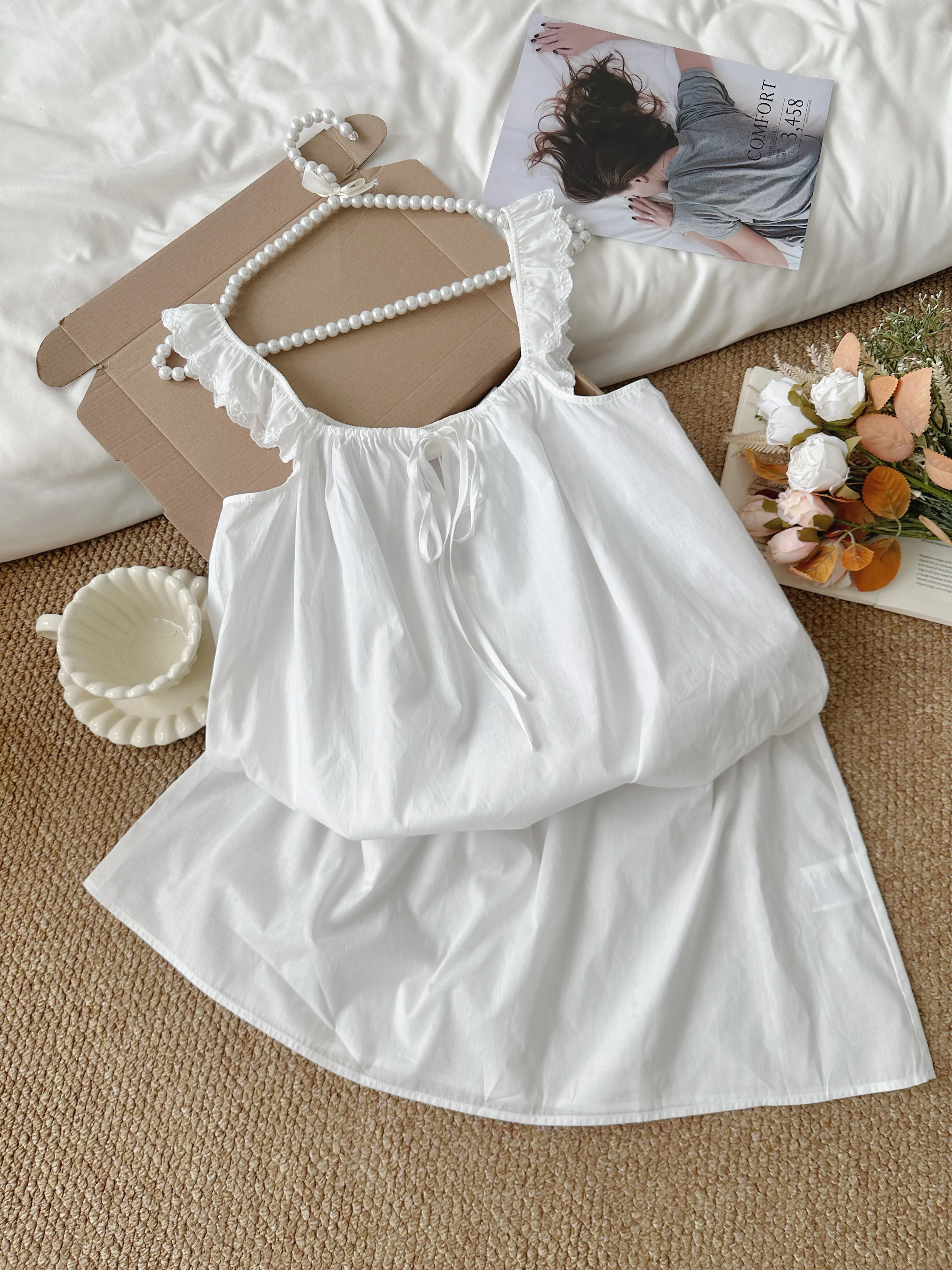 100% cotton summer simple white dress pajamas 2025 new sweet sister cute casual loungewear solid color suspender pajamas