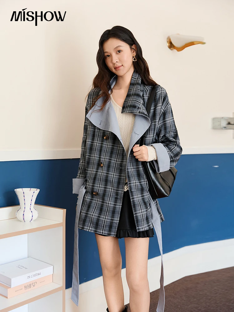 

MISHOW Two Sided Outerwear Trench for Women Autumn Winter 2025 Blue Plaid Patchwork Diagonal Placket Belt Trench MXE48W0871