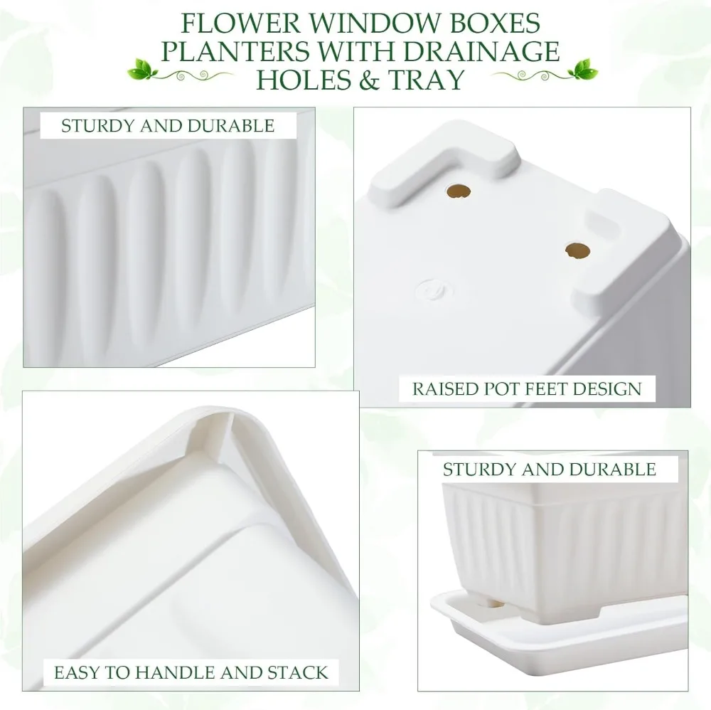 صندوق زهور نافذة مقاس 27 بوصة مع صواني تصريف، زارع بلاستيكي كبير لأعشاب حديقة الشرفة #6