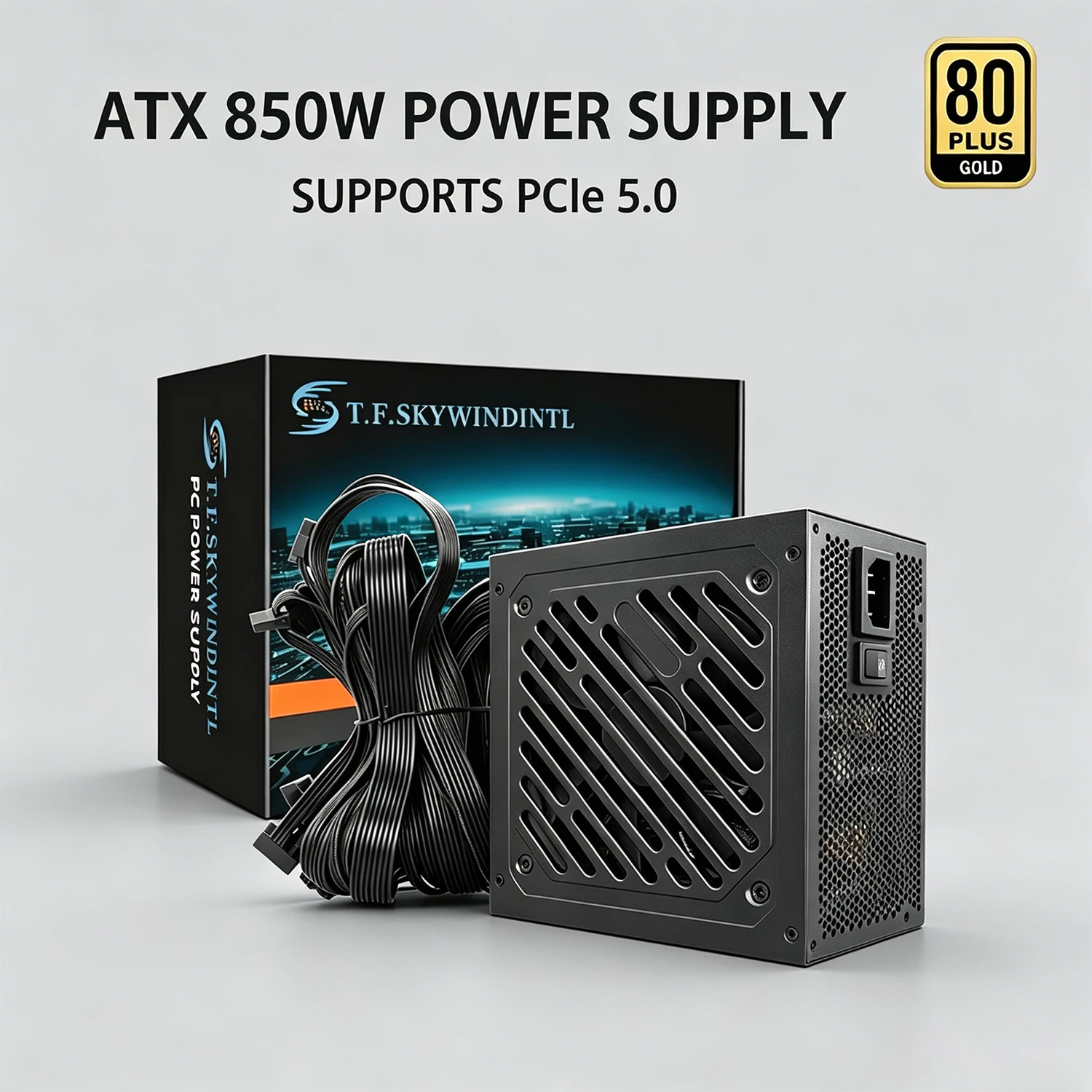 850W ATX Power Supply 80+ Gold, PCIe 5.0 12VHPWR, Active PFC 100-240V, Silent 12cm Fan, Non-Modular Flat Cables, +12V 70.8A