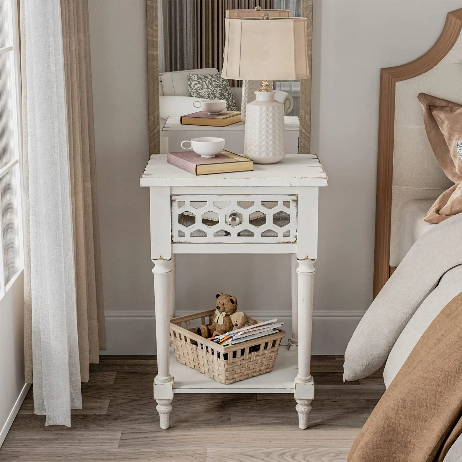 Vintage Nightstand with Mirrored Drawer,Farmhouse End Table Living Room,MDF 2-Tier Bedside Table,Wood Accent End Table, White