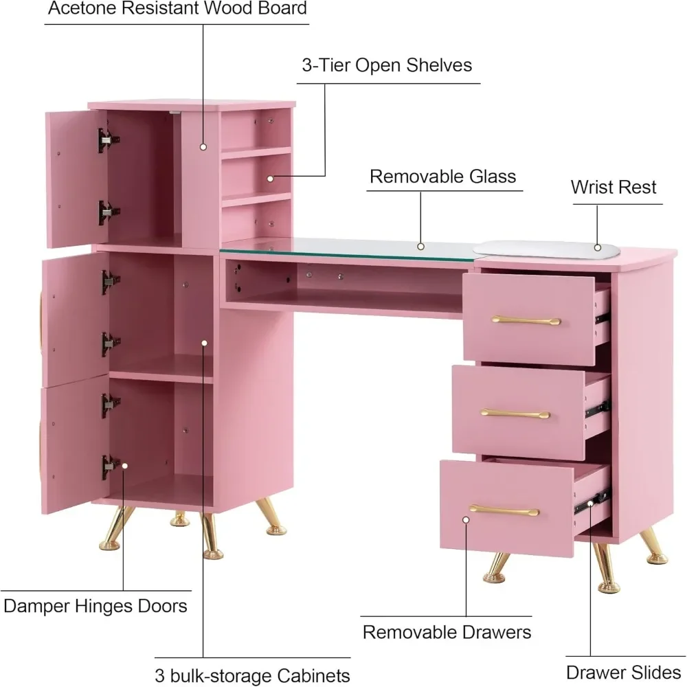 BarberPub-Table de manucure, bureau de maquillage des ongles avec égouts de proximité, poste de travail de rangement pour salon de beauté, rose, 2611