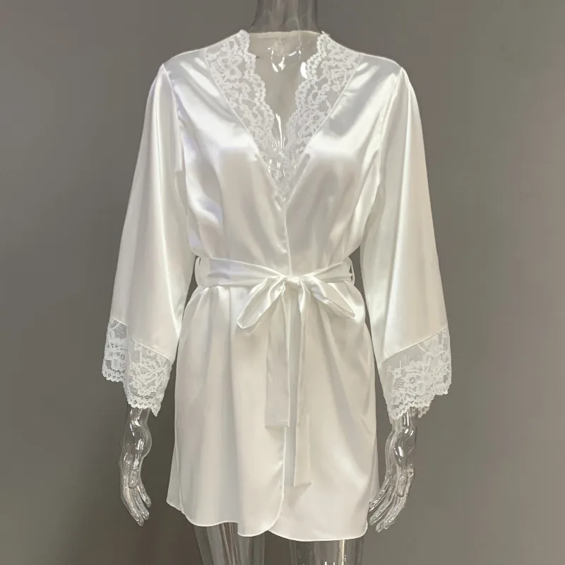 2026 New Women's Satin Lace Morning Robe Long Sleeve Loose Pajamas Spring Summer Loungewear Style