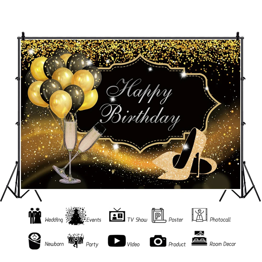 Bajeczne urodziny kobiet wysoki obcas fotografia tło złote kropki balony wystrój rodzina strona portret Photocall tło