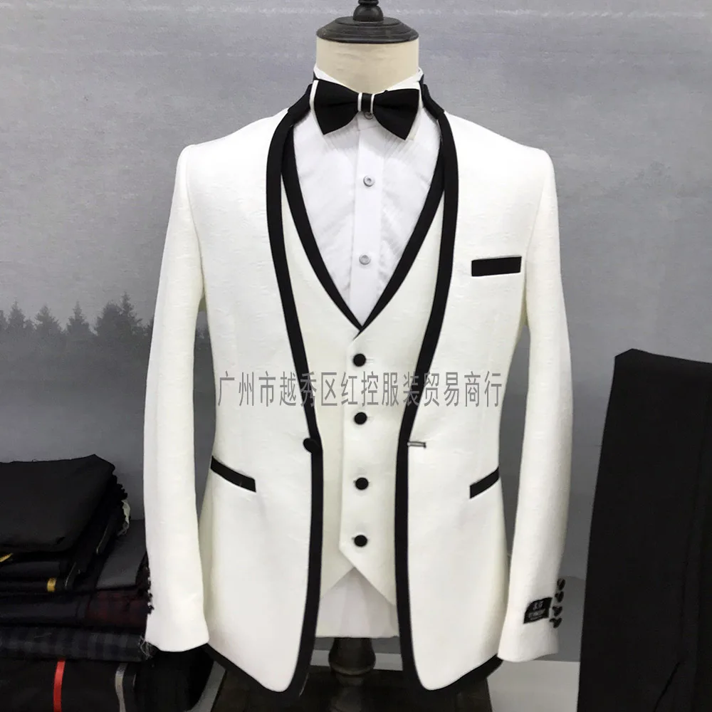 

Latest Fashion Suits for Men Luxury Prom White Jacket Vest Pants 3 Pieces Groomsmen Groom Wedding Suit Burgundy Tuxedos for Men