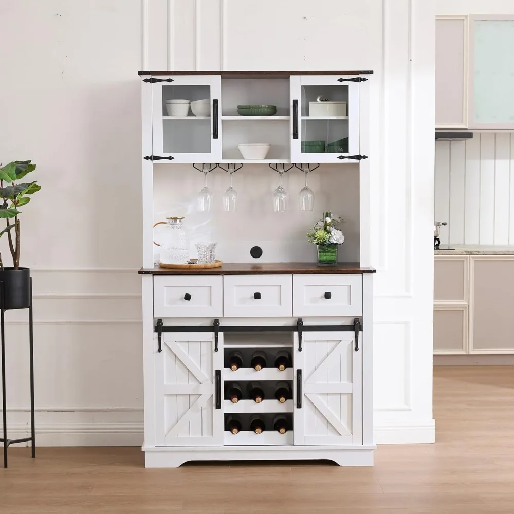 

Coffee Bar Cabinet with Sliding Barn Doors 71'' Farmhouse White Pantry Cabinet with Drawers & Wine Glass Rack Rustic Buffet Cabi