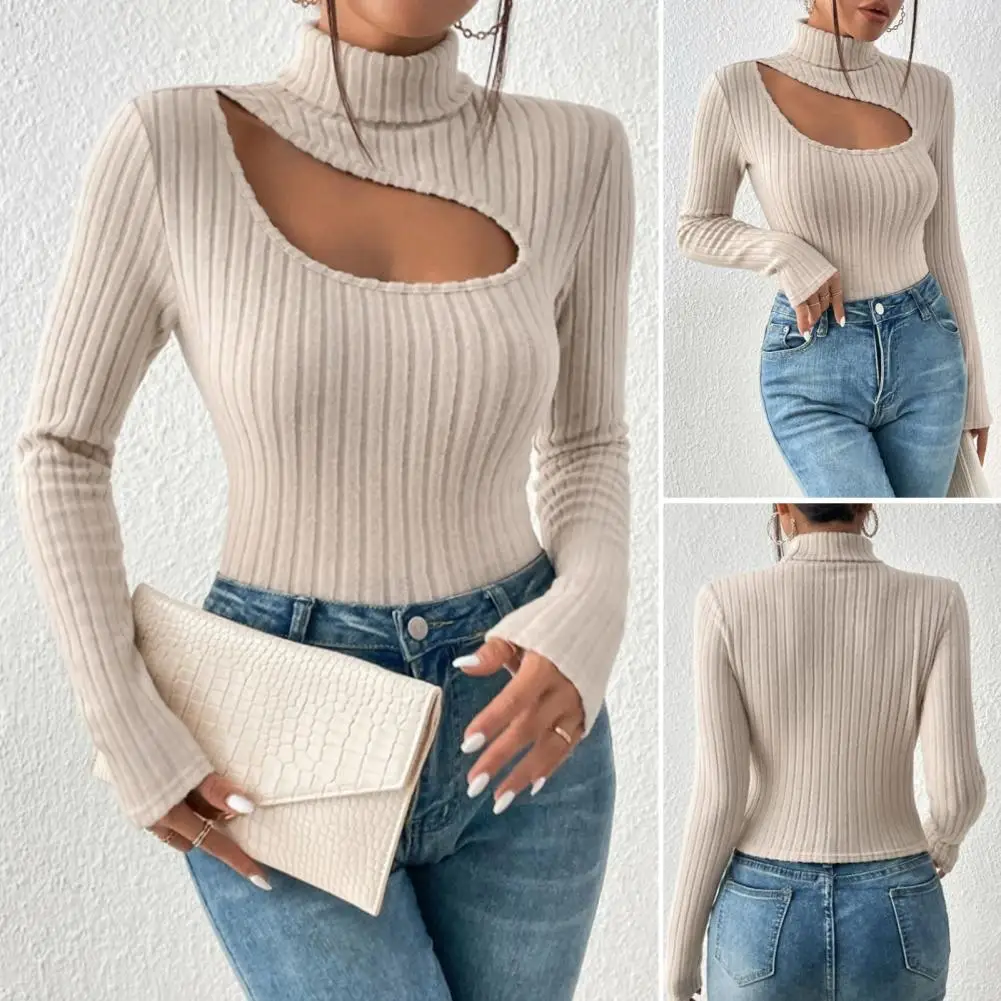 High Collar Long Sleeve Top Striped Knitted High Collar Pullover Sweater for Women Soft Slim Fit Fall Winter Top with Hollow Out