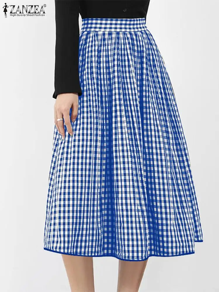 

ZANZEA Autumn 2024 A-line Pocket Faldas Women High Waisted Midi Skirt Fashion Casual Plaid Jupe Holiday Oversized Long Overskirt