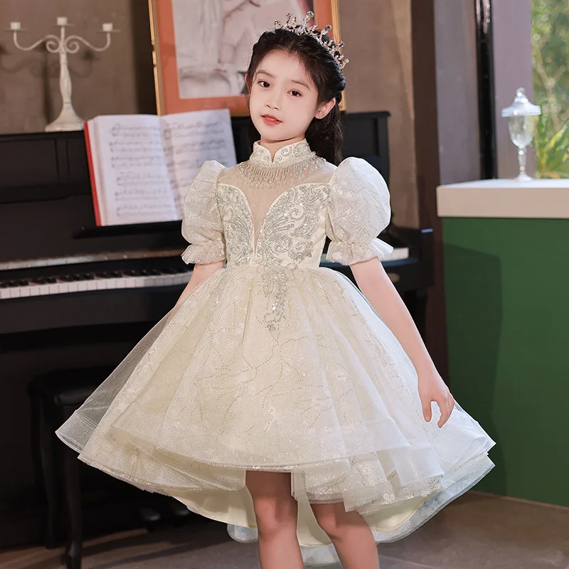 Little Girls Birthday Party Gown High Low Tutu Princess Dress Kids Puffy Long Sleeve Communion Dress School Graduation Dresses