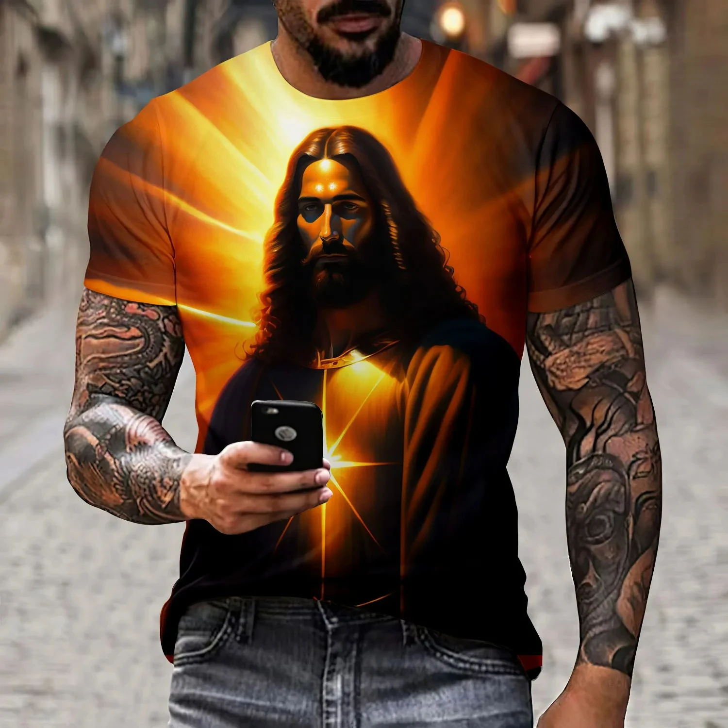 Men\'s 3D Cross Print T-Shirt, Oversized Comfortable Innovative Short Sleeve Streetwear Jesus Christian Fiction