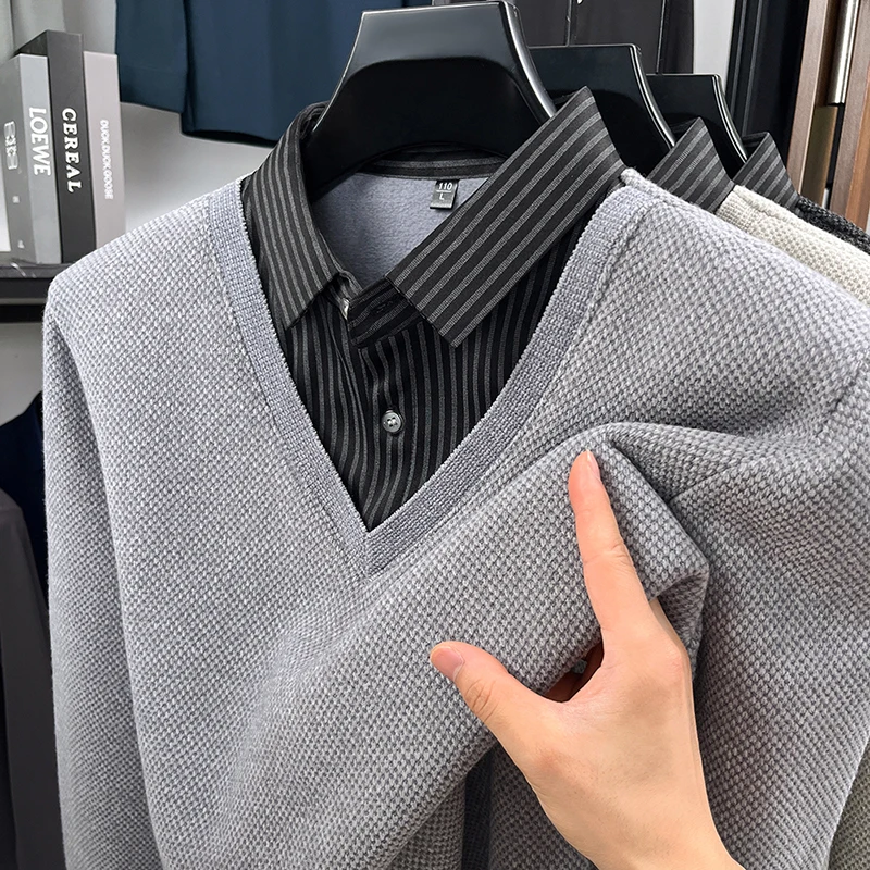 

Original Quality Men's Lapel Fake Two Piece Knitted Sweater Winter New Velvet Thickened Print Striped Business Casual Men'swear