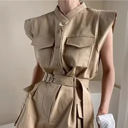 Cool And Handsome Work Suit Jumpsuit For Women In Summer Loose Sleeveless Lace Up Waist Wide Leg Jumpsuit Shorts