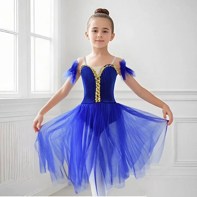 

Детский балетный костюм Жизель для девочек, длинное балетное трико, танцевальное платье, кружевная тюлевая юбка с объемными рукавами, пачка, танцевальная одежда для балерины