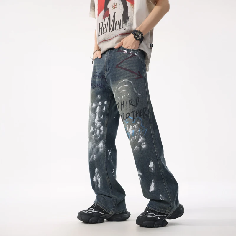 

XL8878 American hipster jeans loose graffiti straight trousers high street retro washed trend casual versatile