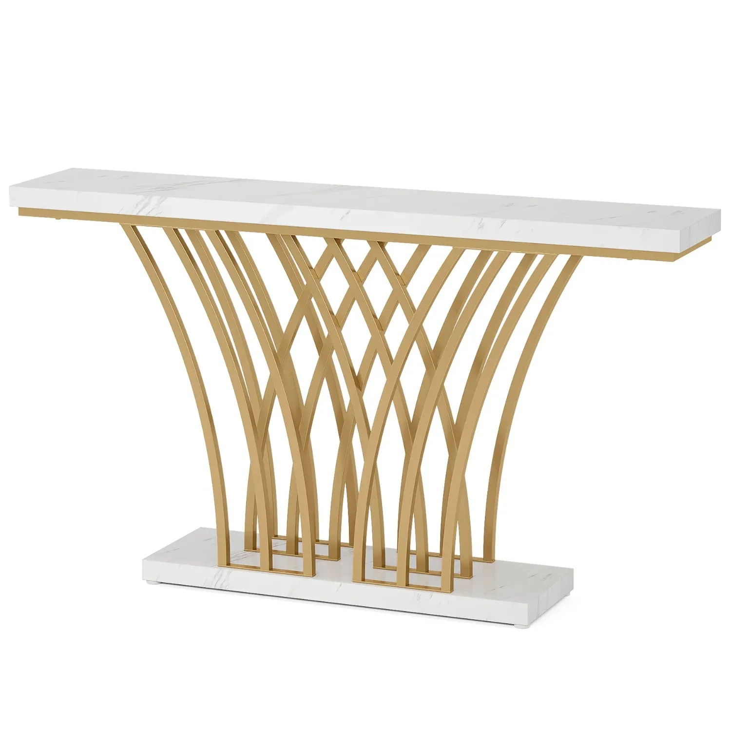 59 inch Gold Console Table, Modern Entryway Table with Grid-Shaped Metal Base for Entrance, Hallway, Entryway, Living Room