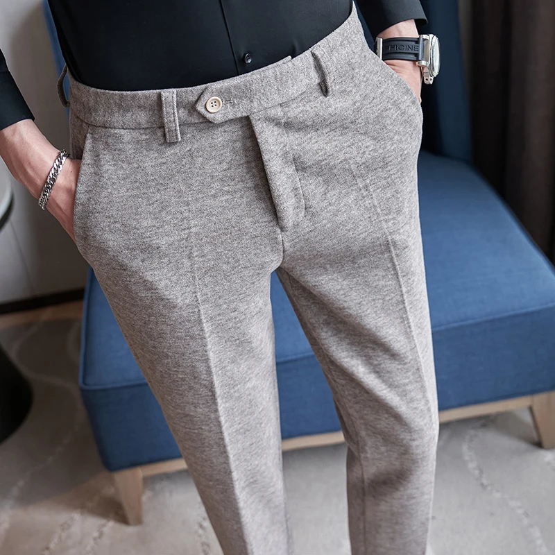 

High-quality Business Slim Fit Casual Men's Pants Made of Thick Woolen Fabric Featuring A Brushed Texture.Warm Winter Pants