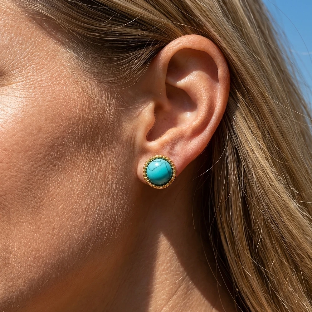 

Turquoise Round Gold Color Small Stud Earrings for Women Minimalist Stainless Steel Boho Jewelry Fashion Party Gift Accessories