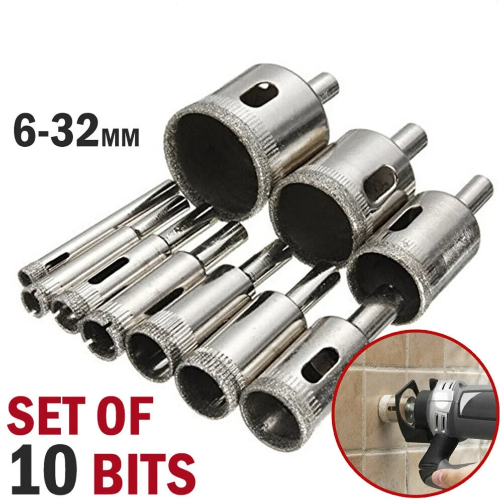 10Pcs Diamond Drill Bit Set 6-32mm Diamond-coated Steel Hole Saw Drill Bit For Ceramic Bottles Porcelain Marble Granite Stone