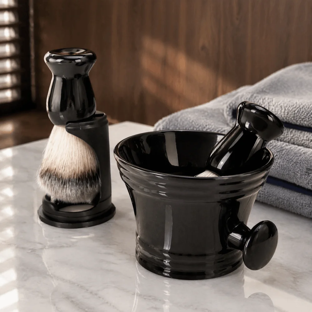 3PCS Soft Nylon Hair Shaving Brush Set Stainless Steel Bowl Black Beard Brush ABS Handle Shaving Bowl Mug