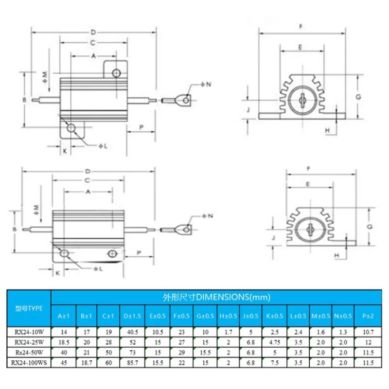 Caixa de alumínio do escudo do metal do poder, resistor Wirewound, 0.01 ~ 30K, 1, 2, 3, 5, 6, 8, 10, 20, 100, 150, 1K, 10K, 25W, RX24, 1PC