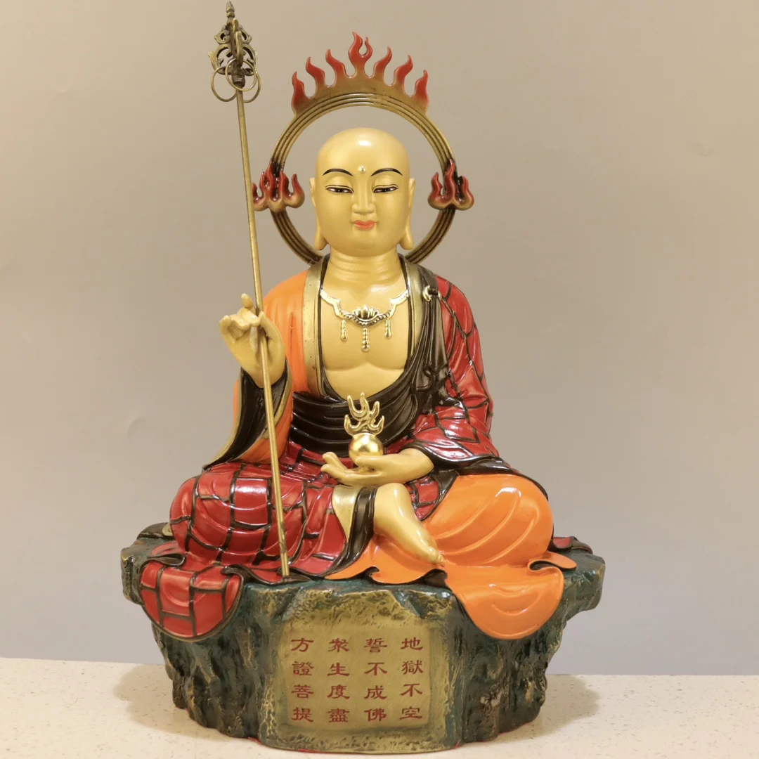 Exquisite Copper Buddha Statue Backlit Flame Earth King Bodhisattva Painting Craftsmanship Size and height: 30.5cm, length 21cm,