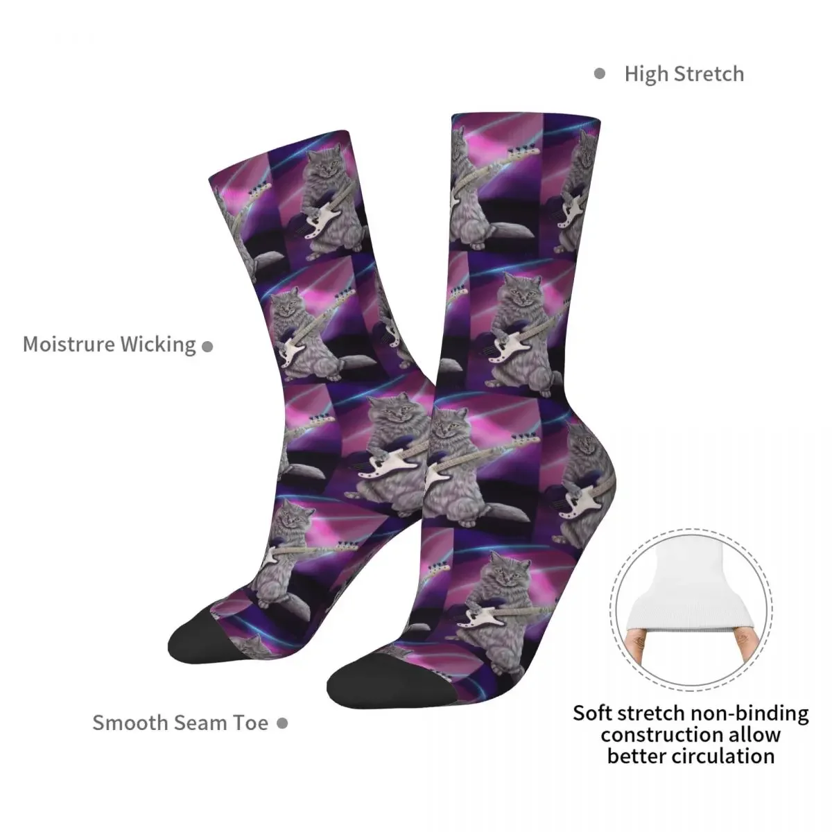 Bass Cat- Rock Band Kitty Playing The Bass Guitar Socks Harajuku High Quality Stockings All Season Long Socks for Man's Woman's