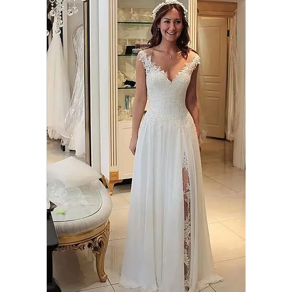 Illusion Side Slit Chiffon Wedding Dress Sleeveless V-Neck Long White Beach Bridal Gown With Lace Appliques Customized Vestido