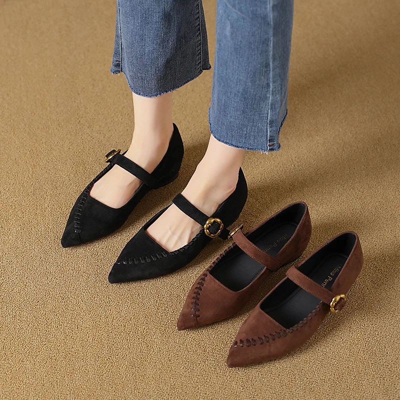 

Туфли Мэри Джейн с острым носком и пряжкой, весенне-осенние, новые, в стиле ретро, на плоской подошве, для женщин, размеры 41-43