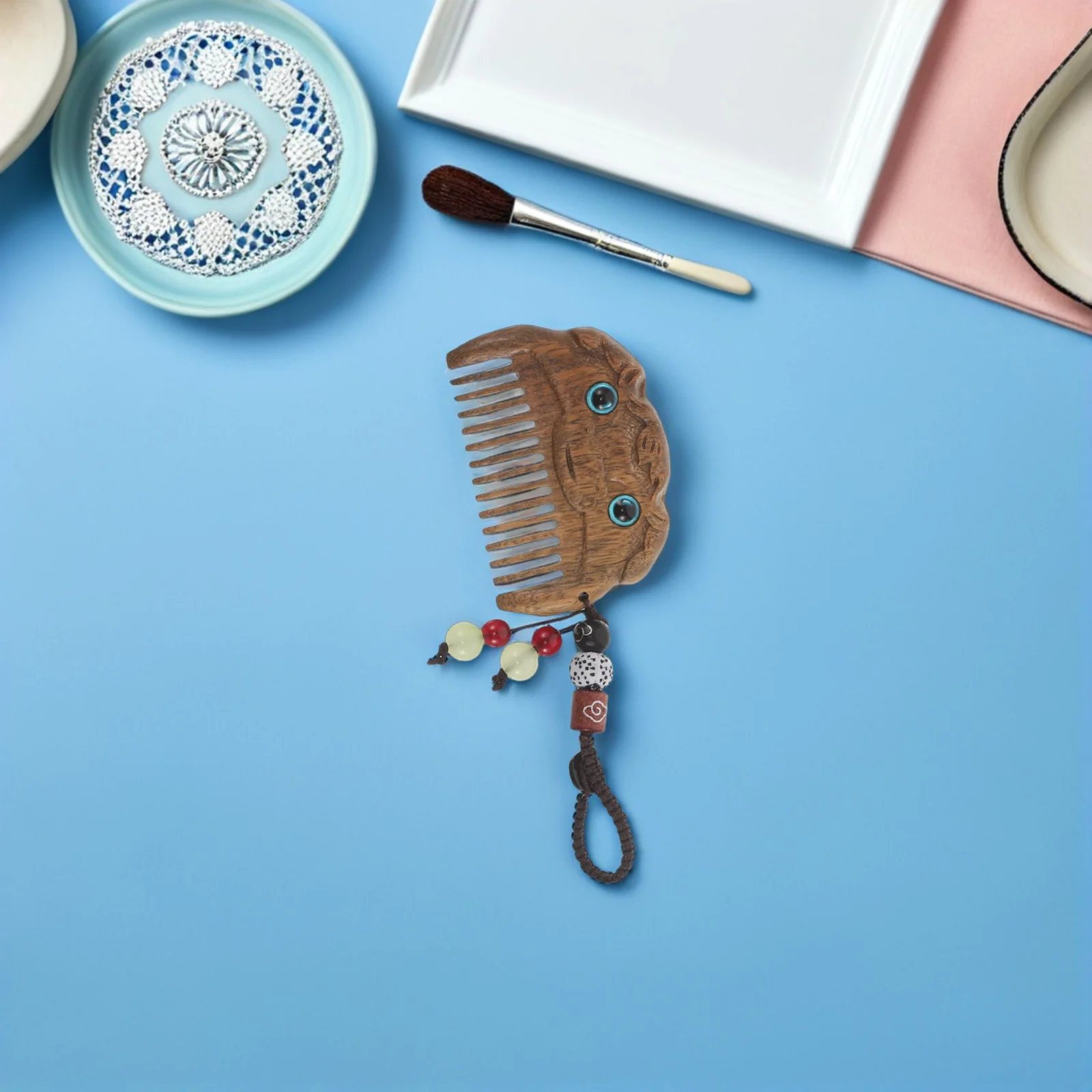 

Mini Sandalwood Comb Carved Wooden Hair Styling Tool with Pendant Portable Keychain Accessory for Women Vintage Gift