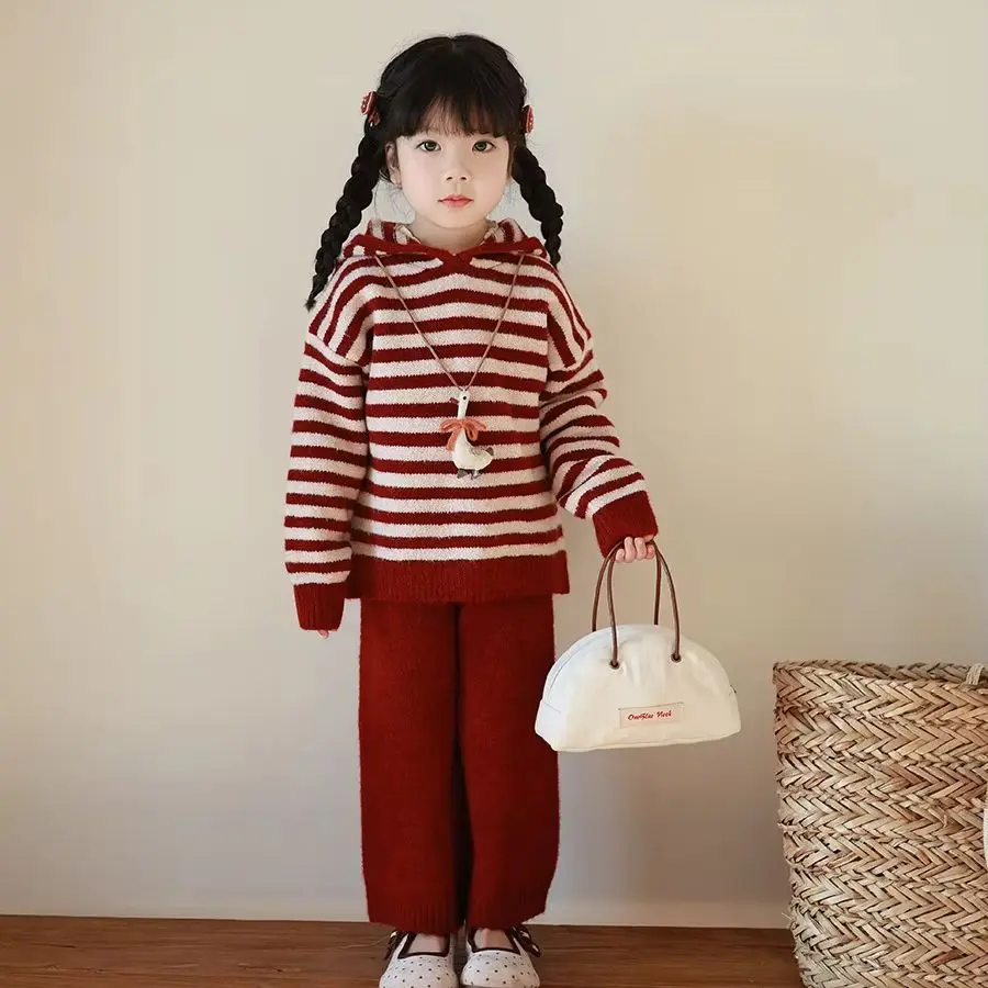 Girls Korean Style Autumn Winter Knit, Angora Red Striped Cardigan Sweater Or Trousers, Casual Kids Outfit Or Pants