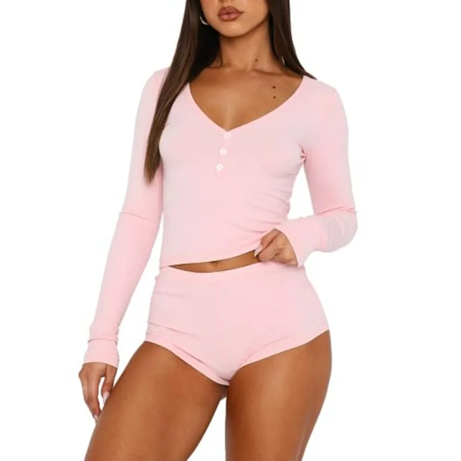 

REVETRO Fall Womens 2 Pcs Pajama Sets Sexy PJ Shorts Y2k V Neck Long Sleeve Lounge Set Sleepwear with Button Down