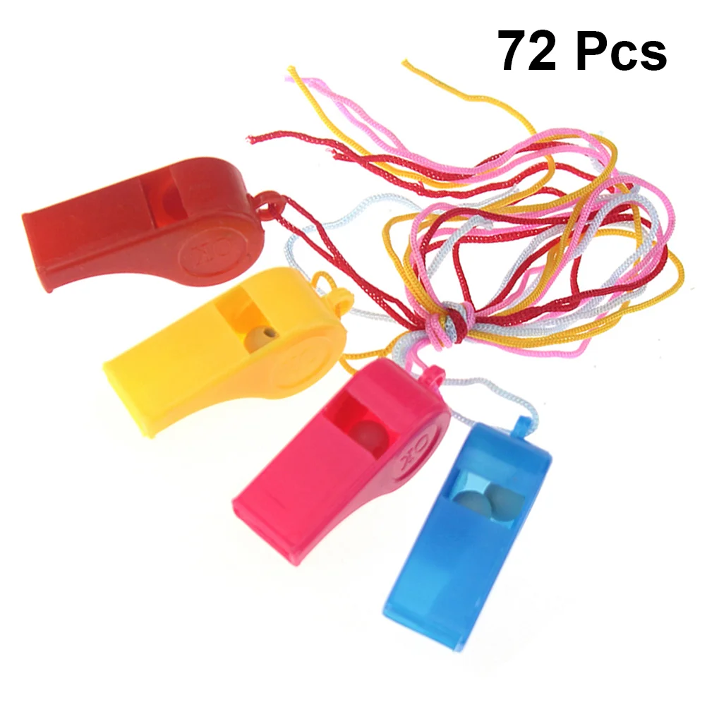 72 Pcs ABS Game Whistles Cheering Lifeguard Whistle Hanging Keychain Lanyard Keychain for Kids Outdoor Camping Hiking (Mixed