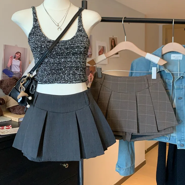 

Sexy Low Waist Plaid Skirt Women's Early Autumn Skirt Anti-Light Ultra ort Skirt American College Sle JK Pleated Skirt