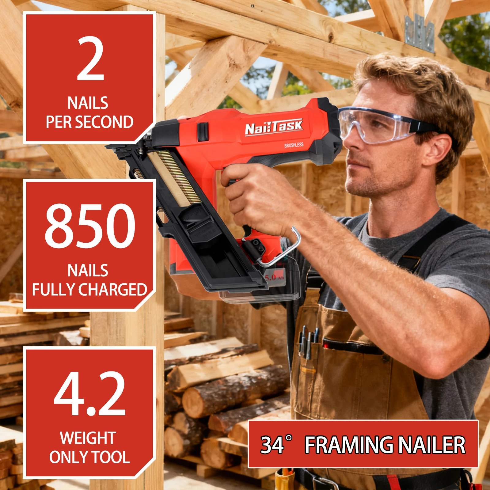 

Nailtask 34° Depth Adjust Framing Nailer Kits 2" to 3-1/2" Cordless Brushless Dual Mode Nailer (Only Tool) with Box DCFN110-3490