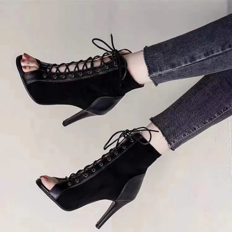 Sandals Heels Lace-Up 9CM Women's Shoes Summer 2023 Trend Black Sexy Peep Toe Boots Fashion Cloth Stilettos Jazz Dance Female