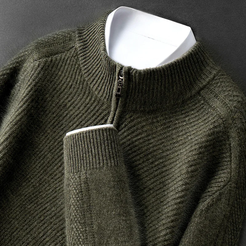 Autumn Winter New 100% Pure Cashmere Men Sweater Double Thick Loose Twill Knitwear Half High Zipper Long Sleeve Base Shirt