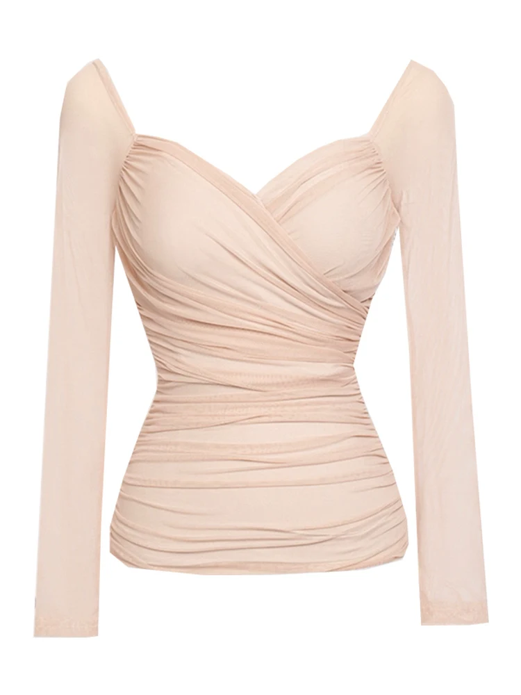 

Сексуальная женская блузка с глубоким V-образным вырезом и плиссировкой, больших размеров, из дышащего полиэстера, с длинным рукавом, производство Китай