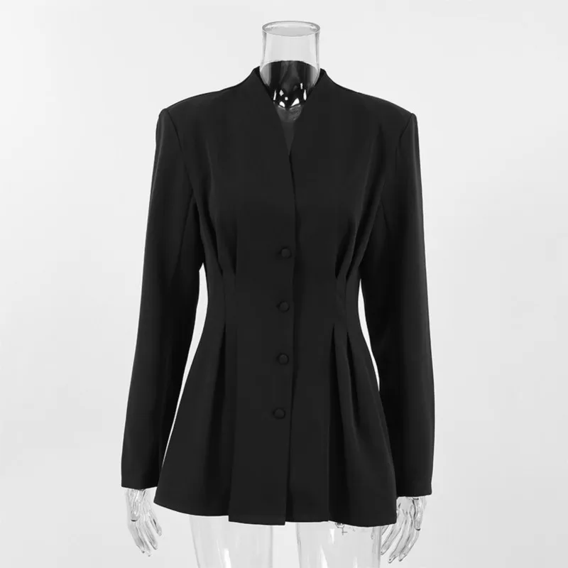Autumn Elegant Slim Fit Waist Cinching Black Mini Suit For Commuting Sexy V-neck Button Long Sleeves Suit Jacket Vestes Femmes