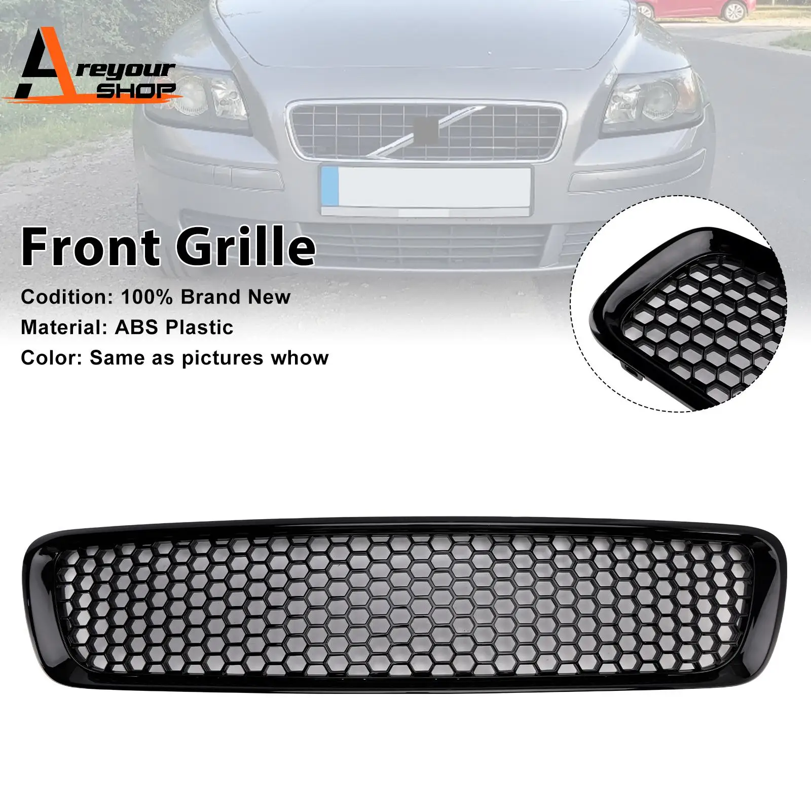 

Gloss Black Front Bumper Honeycomb Grille Grill Fit for Volvo S40 V50 2004 2005 2006 2007