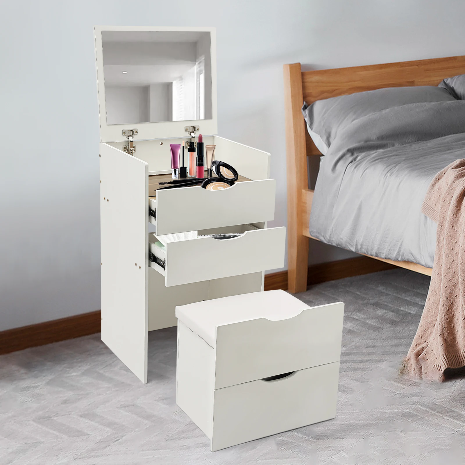 Makeup Vanity Table with 3 Drawers Dressing Table with Foldable Mirror Vanity Stool For Bedroom 40*48*80cm image 3