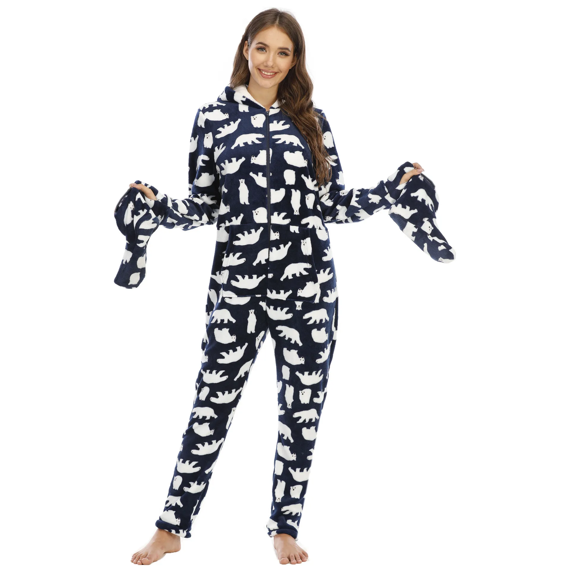 2024 Sleepwear pijama unicornio Womens Fashion Printing Hooded Flannel Long Sleeve Onesies for Adults Kigurumi