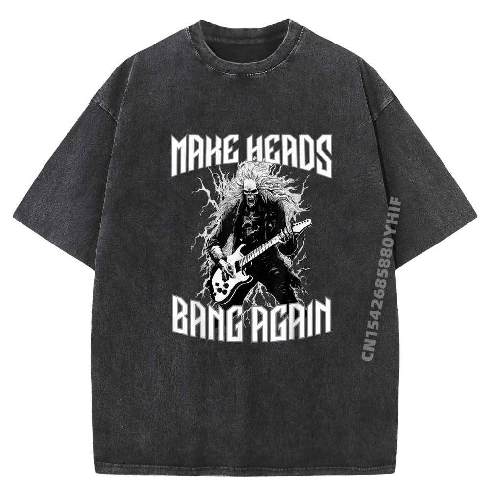 

Make Heads Bang Again Camisetas Mens Fashion Washed Short Sleeve Graphic T-Shirt Mens High Quality Printed Tops