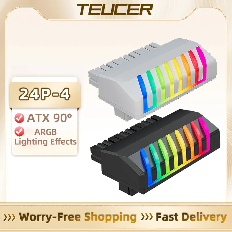 TEUCER 24P-4 ATX 24 Pin to 90 Degree Power Plug ARGB Adapter Motherboard Power Supply Cable Modular DIY Mounting Accessessory