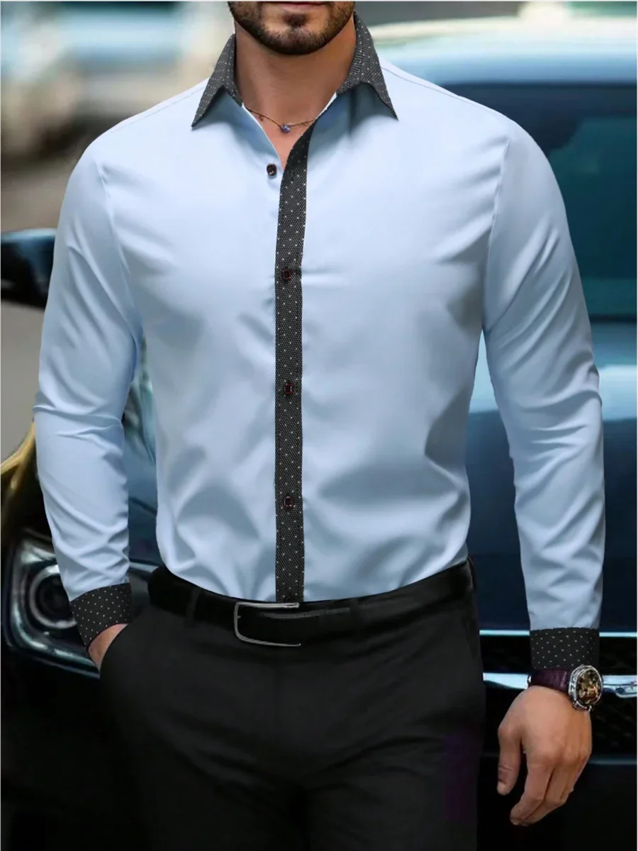 

New men's shirt printed collar formal long sleeved solid color clothing fashion designer casual fabric comfortable plus size
