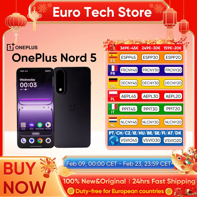 Nouveau Smartphone OnePlus Nord 5 5G Snapdragon ™   8s Gen 3 Écran AMOLED 6,83" 144 Hz 5200 mAh 80 W SUPERVOOC 50 MP double caméra