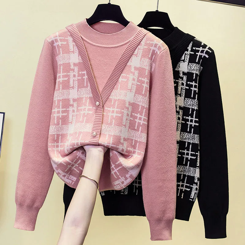 Korean Vintage Knit Sweater Pullover Women 2024 Autumn Winter Mock Neck Fashion Plaid Loose Vintage Ladies Tops Jumper