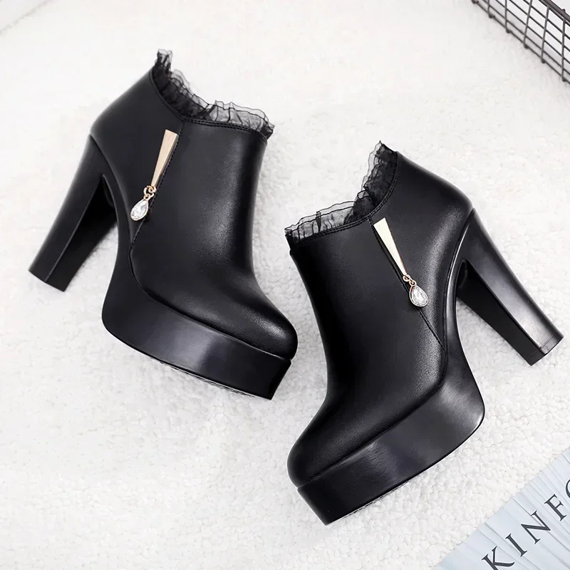 

Block Heel Split Leather Shoes Woman 2025 Autumn Deep Mouth Lace Platform Pumps Women High Heels Office Shoes Black 41 42 43