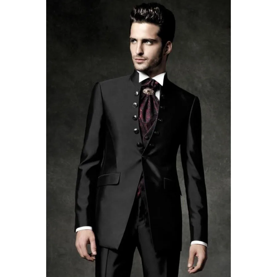 

Black Luxury Wedding Men Suits For Groom Slim Fit Single Breasted Stand Lapel Formal Jacket Pants 2 Pcs Hombres Masculino