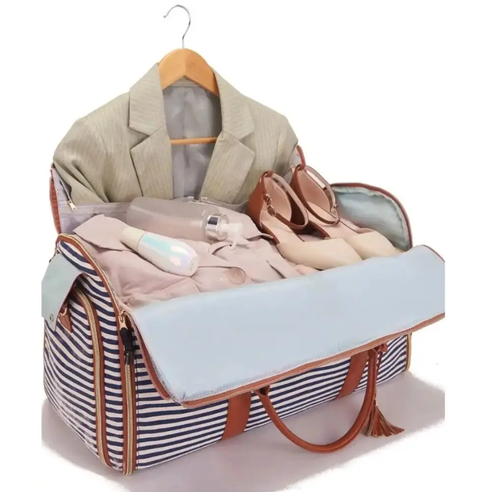 Striped Large Capacity Travel Bag Expandable Foldable Duffle Bag Convertible PU Material Weekend Tote Bags Weekend Getaway