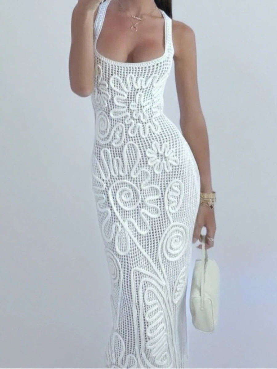 VGH 섹시 비치 슬림 니트 드레스 여성용 홀터 슬리브리스 하이웨이스트 스플라이스 3D 플로럴 휴가 스타일 드레스 여성 여름